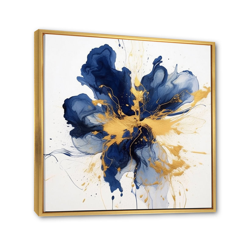 «Dark Blue and Gold Strokes I», art mural sur toile Fractals, H 16 po x l 16 po x P 1 po, Cadre flottant doré