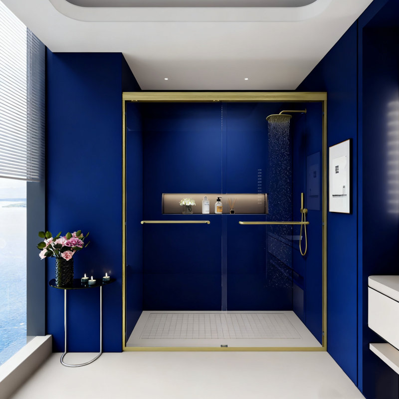 Double porte de douche coulissante, porte de salle de bain semi-sans cadre avec cadre en aluminium