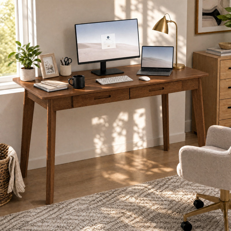 Caidence 2-Drawer Writing Desk with Solid Wood Legs, 29.53" H x 47.2" W x 21.7" D, Brown / Brown