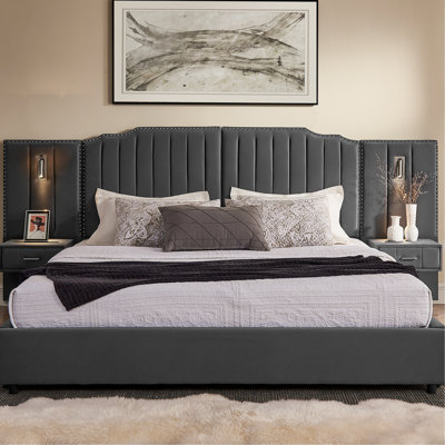 King Size Upholstered Bed Frame, Vertical Stripe Design, Buttons, Headboard, Bedside Table, Adjustable Lamp - Gray, Easy To Assemble Quickly Bed, Headboard With Lighting Simple Assembly Task