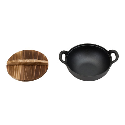 Cast Iron Wok with Dual Handles and Wooden Lid