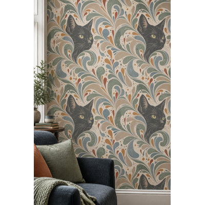 Papier peint chat noir avec des tourbillons de cachemire sur fond crème