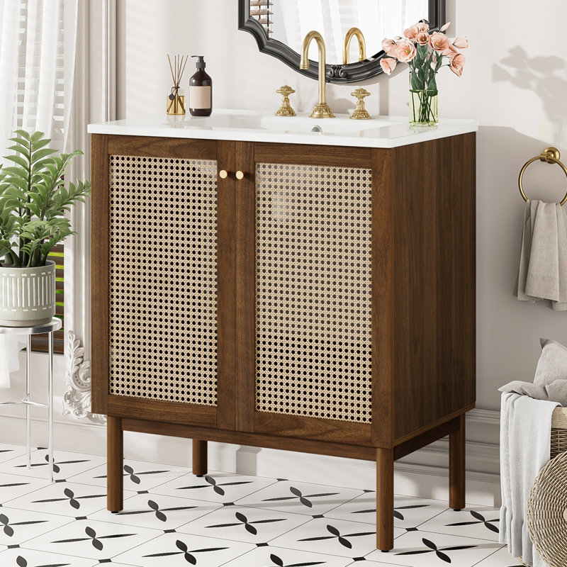 Meuble-lavabo de 30 pouces avec portes en bambou tissé à la main