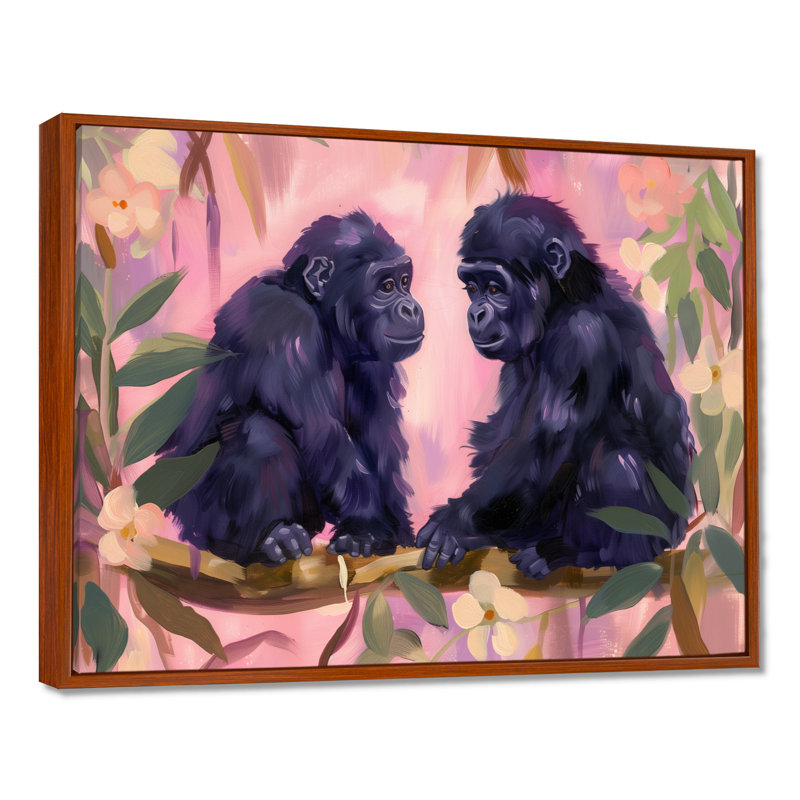 «Black Pink Gorillas Floral Jungle Love II», impression d'art mural Gorillawall, Cadre flottant brun, H 34 po x l 44 po