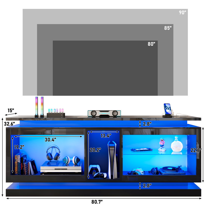 Modern Entertainment Centers With Led Lights, High Gloss Tv Cabinet W/Power Outlet, Storage Open Shelves, Black