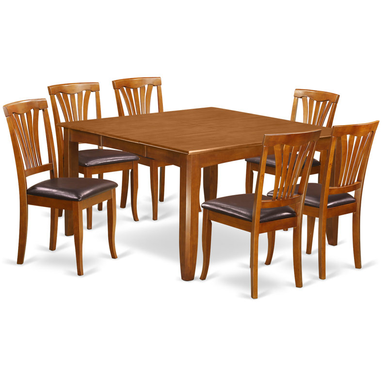 7 Piece Dining Table Set Consist of a Square Dining Room Table with Butterfly Leaf and 6 Faux Leather Chairs, Saddle Brown