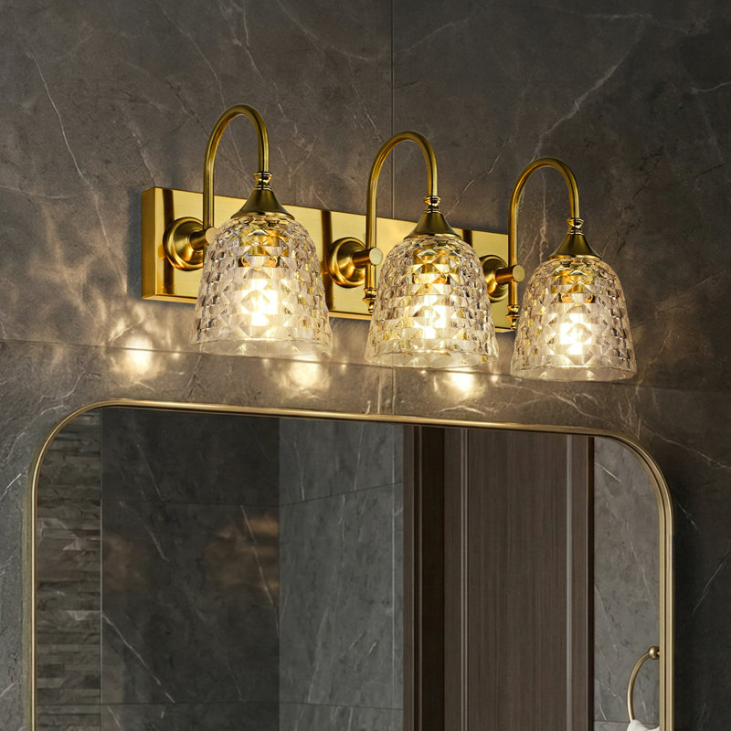3-Light Dimmable Vanity Light With Geometric Patterned Glass, Brushed Gold