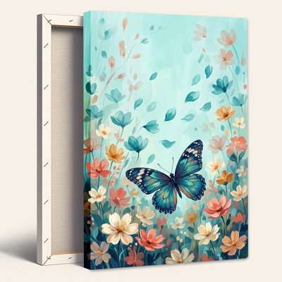 «Blue Butterfly» dans un champ de fleurs roses et blanches, art mural sur toile