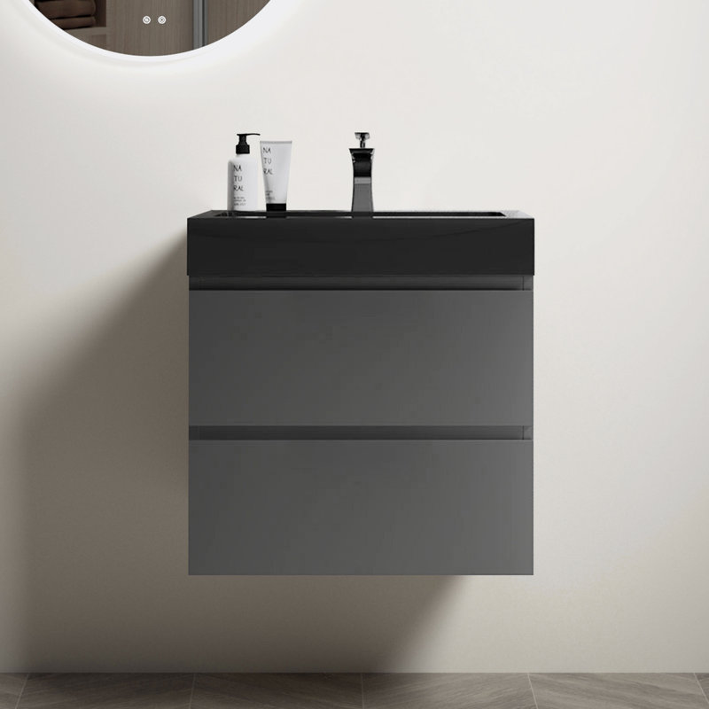 Meuble-lavabo de salle de bain avec lavabo, grand meuble-lavabo flottant mural, Noir, Gris