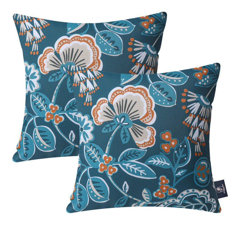 Outdoor Floral Colleciton Outdoor Reversible Throw Pillow, Dark Blue, Square 20"