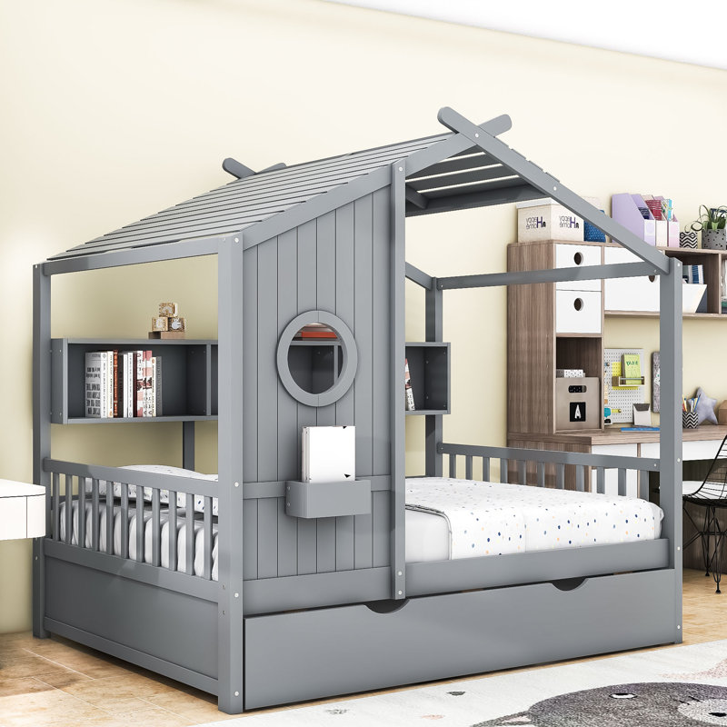Lit en bois avec lit gigogne simple et tablettes de rangement, Double , Gris