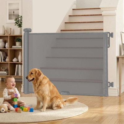 Barrière de sécurité rétractable pour escaliers, barrière pour chien en filet de 180 cm de large pour l'intérieur, barrière pour enfants de 86 cm de haut pour portes, couloirs, terrasses, accessoires de sécurité essentiels pour la maison, les animaux et les bébés à l'intérieur comme à l'extérieur