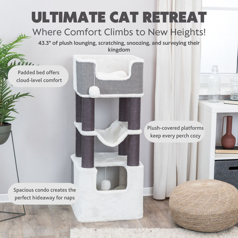 TRIXIE Lucano 43.3" XXL Cat Tree - Sisal Scratching Posts, Plush Covered House, Cat Beds, Platforms, Two Hanging Toys