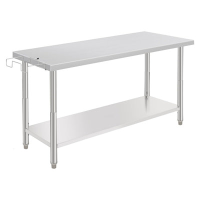 Stainless Steel Kitchen Prep Table with Caster Wheels, Commercial Heavy Duty Workbench with Hooks, Metal Table with Adjustable Height Shelf for Garage, Outdoor