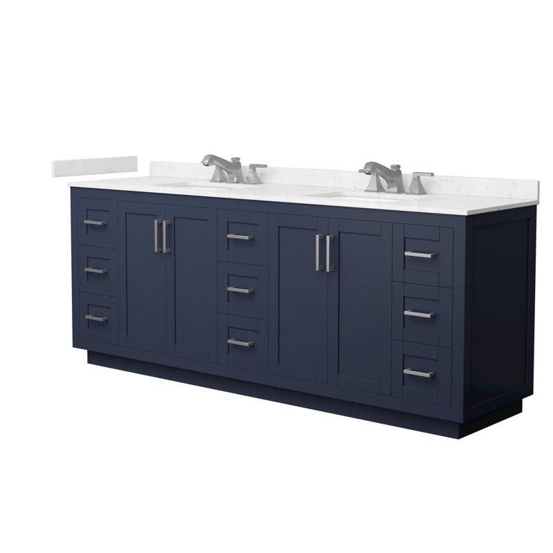 Meuble-lavabo double autoportant de 84 po avec plateau en marbre Miranda, Bleu, Nickel brossé