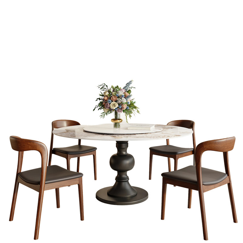 5PCS Round Dining Table Set For 4/6/8, Modern Kitchen Table With Lazy Susan And Solid Wood Base, 29.52"H x 59.05"L x 59.05"W