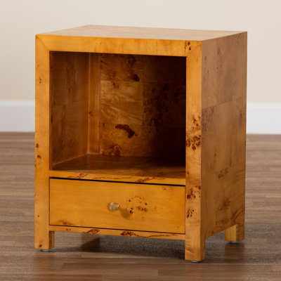 Ashwin Bali & Pari Camira Modern And Contemporary Natural Light Mappa Burl Wood 1-Drawer Nightstand