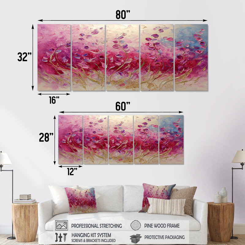 Fleurs violettes - Beauté sauvage dépliée II - Violettes - Art mural traditionnel 5 pièces, H 32 po x l 80 po