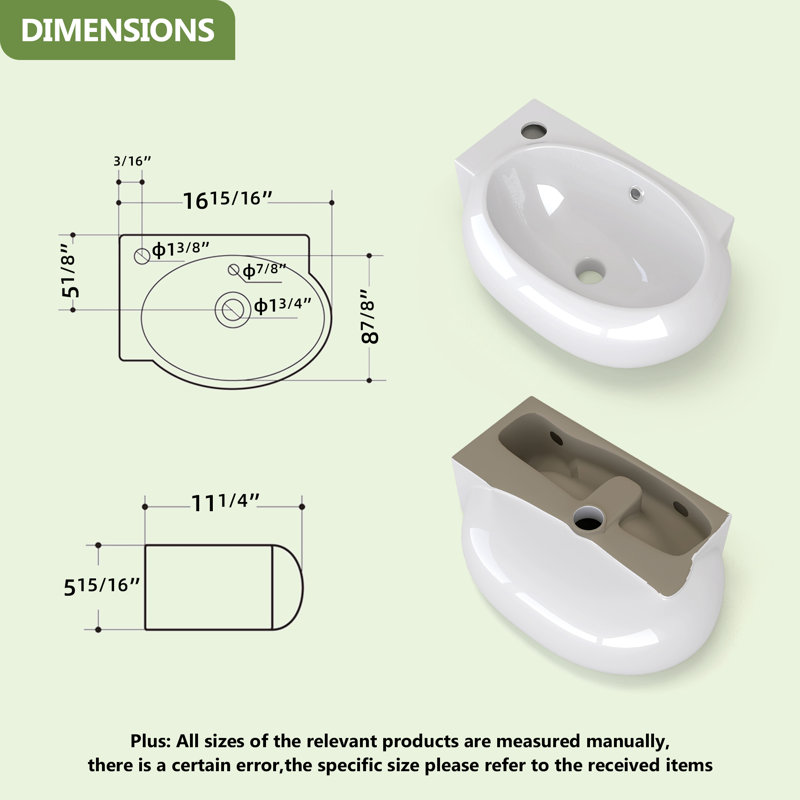16.9 X 11.3 X 5.9 In. Ceramic Wall-Mounted Bathroom Mini Vessel Sink With Single Wall Hung Left Faucet Hole In White