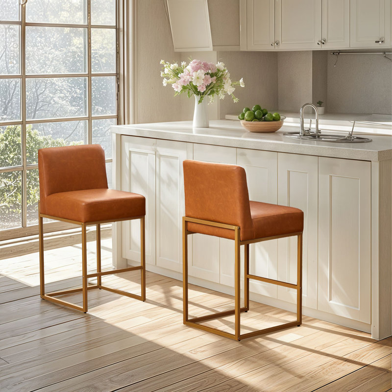 Ensemble de 2 tabourets de comptoir 26 po Modern, Siège brun clair / cadre doré, 2