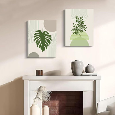Art mural sur toile encadré vert sauge - Boho Mid-Century abstrait, lignes de soleil et feuilles botaniques