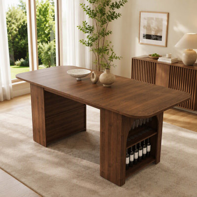 70.87 Inch Mid-Century Style Wood Dining Table, Multi-Grid Desktop Design with Drawers and Open Storage Shelves, Walnut MDF Finish, Stable Household Dinner Desk Accommodating 4–6 People for Dining Room Use