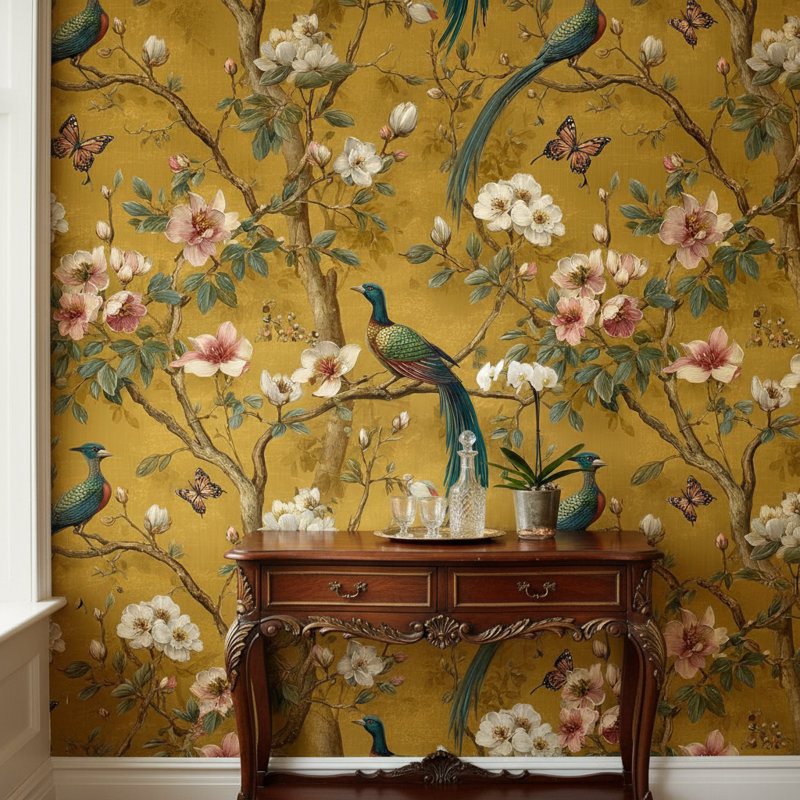 Papier peint floral rétro avec oiseaux dorés