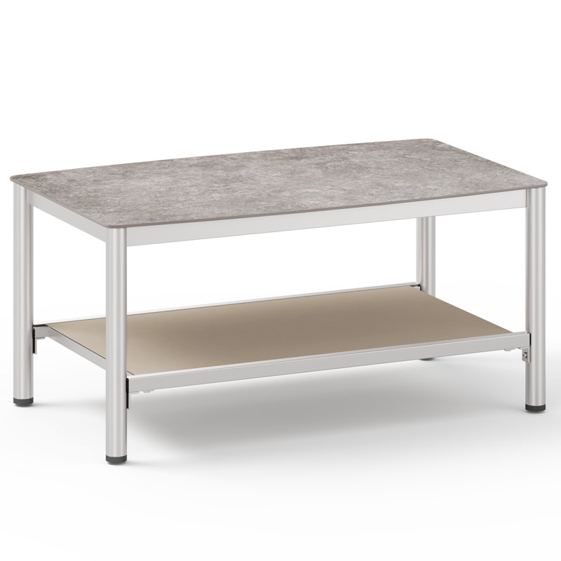 Table basse rectangulaire extérieure de 90 cm de large avec plateau en verre trempé et tablette de rangement à 2 niveaux