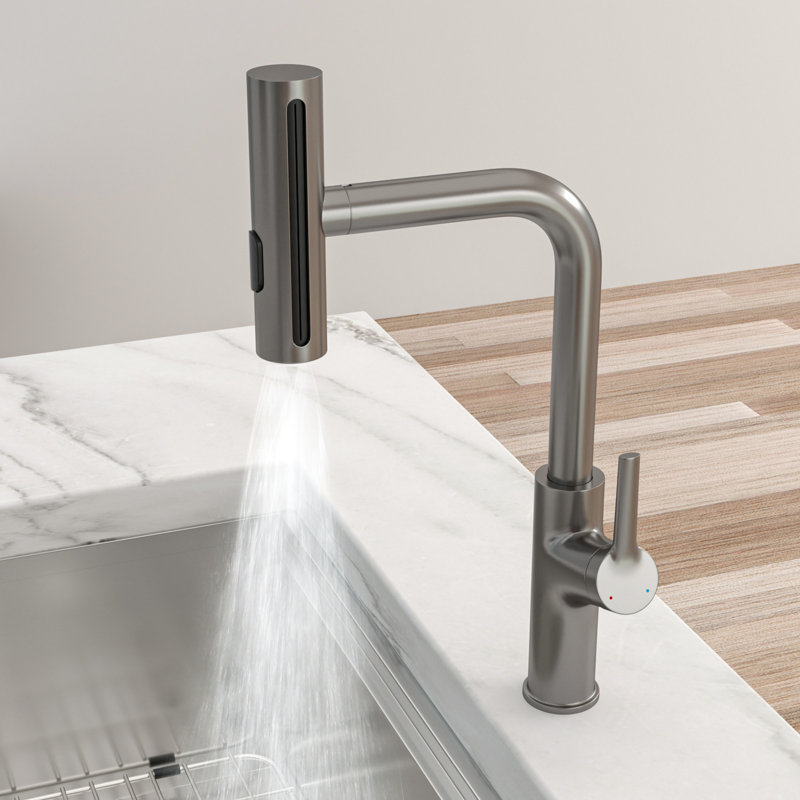 Gunmetal Black 360 Rotating Kitchen Faucet, 4 Spray Modes For Filling Pots, Splash - Control, Ceramic Cartridge, Complete , 1.65 Inches Base Width Pull Down Installation Kit,
