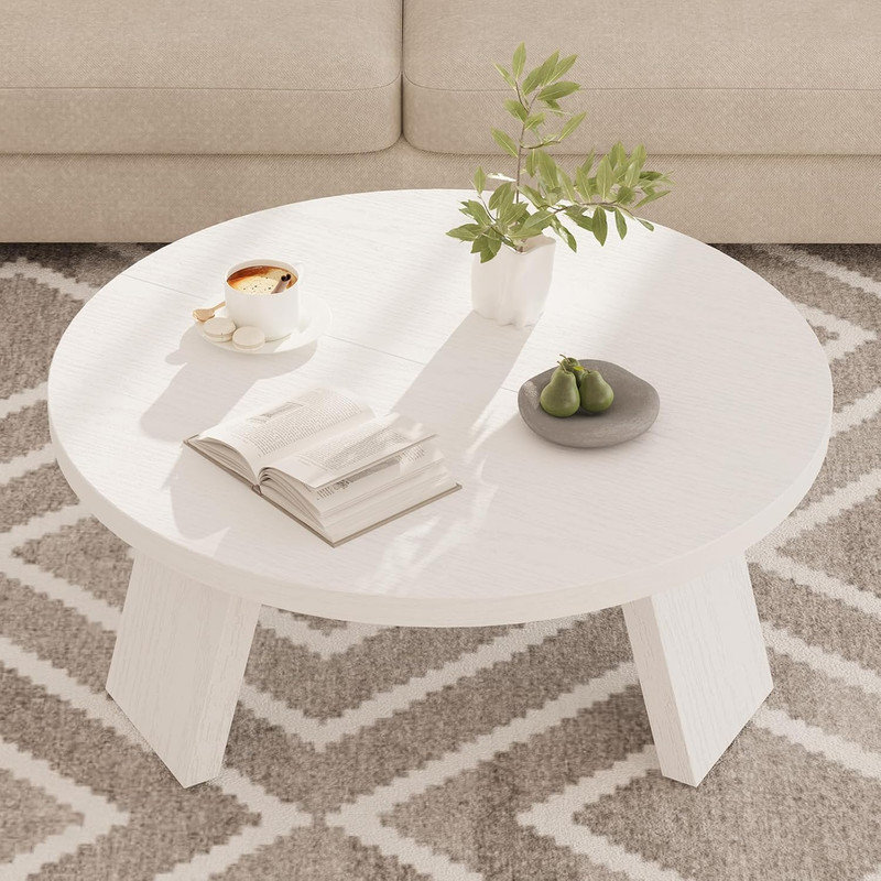 Round Modern Coffee Table with Inclined Legs, Center Accent Table for Living Room, White