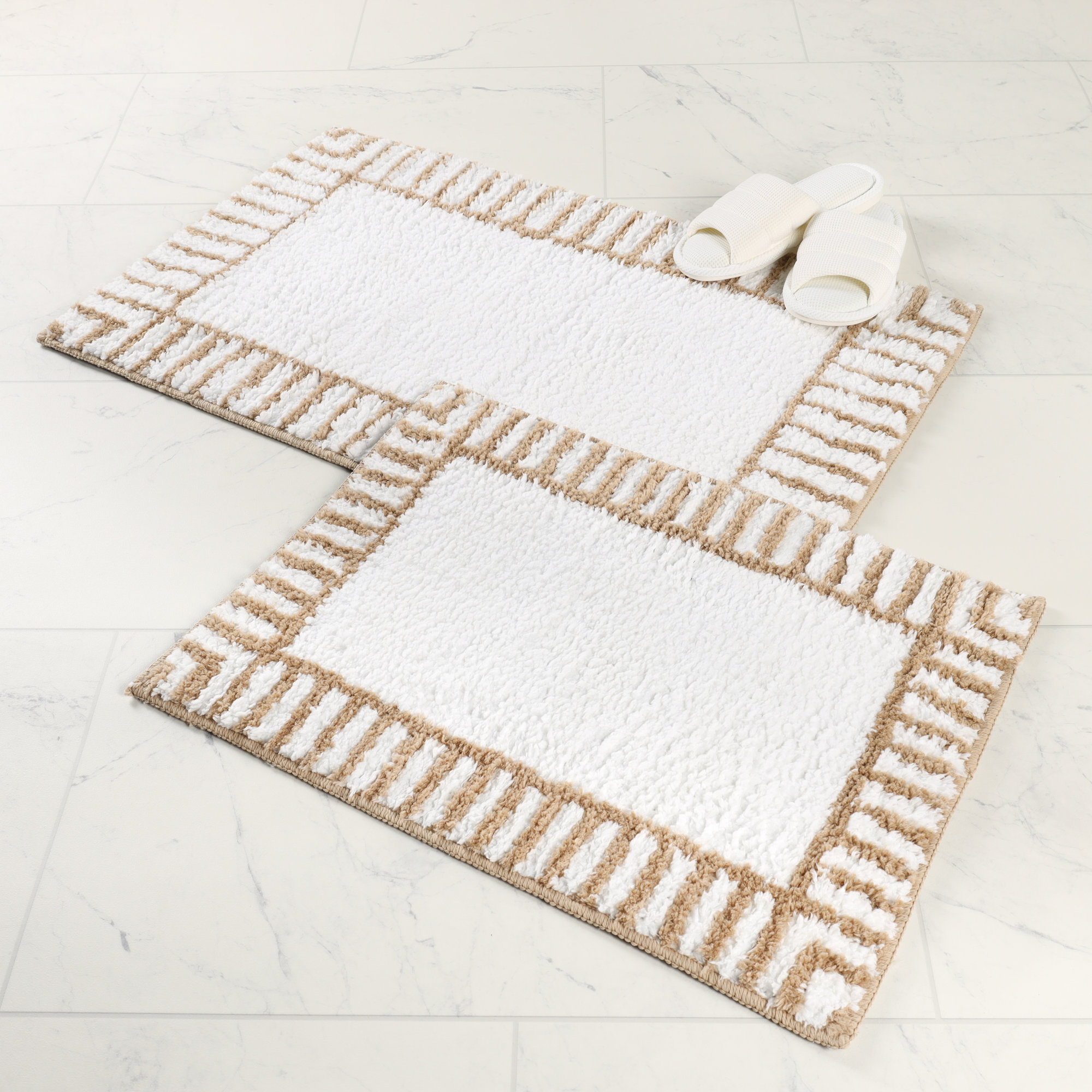 Inaya Modern Striped Plush Tufted Shag Machine Washable 2 Piece Bathroom Rug Set, MEDIUM- 2 Piece Set, White/Beige