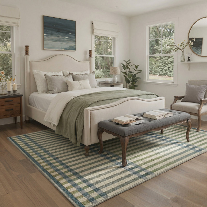 Abdellah Modern Plaid Machine Washable Green/Blue/Beige Indoor Area Rug with Non-Slip Backing, Rectangle 8' x 10'