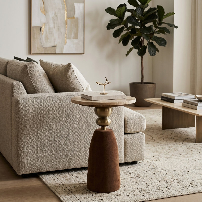 Table d'appoint moderne à dessus en marbre pour présentation à la maison - Table de bout étroite à piédestal sophistiquée avec base en bois et métal pour canapé de salon - 23 po