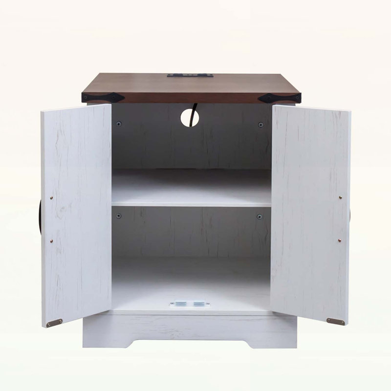 Rustic Wood Nightstand with Adjustable Shelf,with Charging Station, White/Deep Walnut