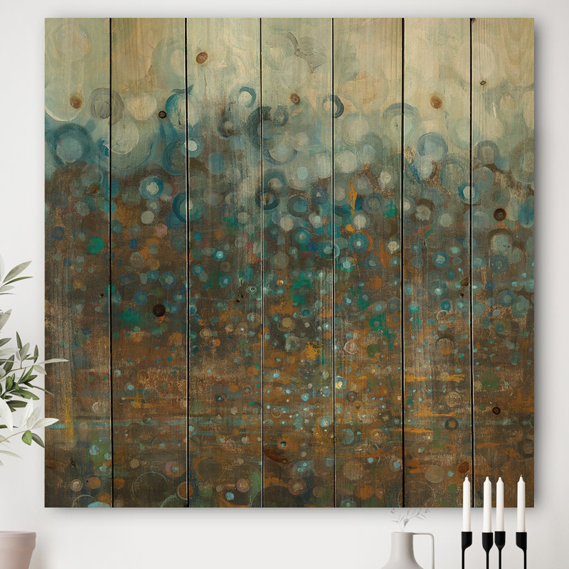 Blue and Bronze Dots - Modern Print on Natural Pine Wood, 16" H x 16" W x 1" D