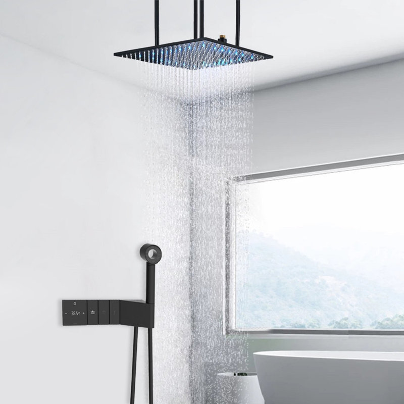 Système de douche à effet pluie numérique à montage au plafond 24 po à DEL noir mat Fontana Chiavari avec douche à main ronde intégrée