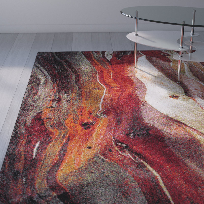 Tapis rouge / gris à motif abstrait Chaena, Tapis de couloir 2 pi 3 po x 18 pi