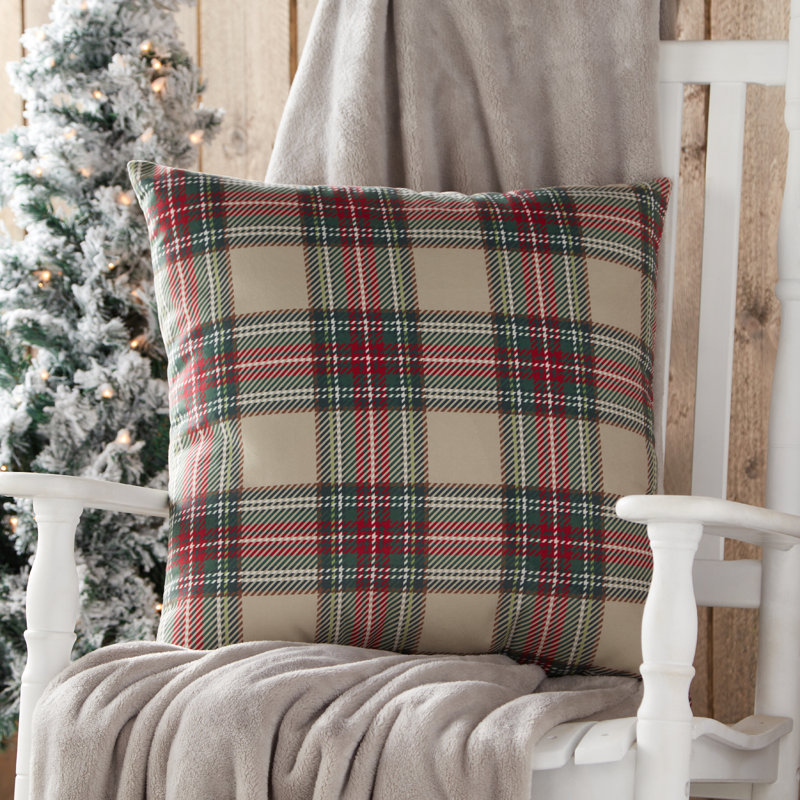 18-Inch Red and Green Plaid Cotton Holiday Throw Pillow