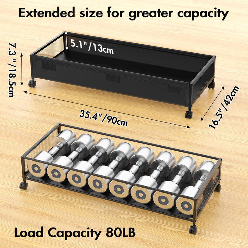 Black Metal and Fabric Lidded Under Bed Storage Box with Wheels