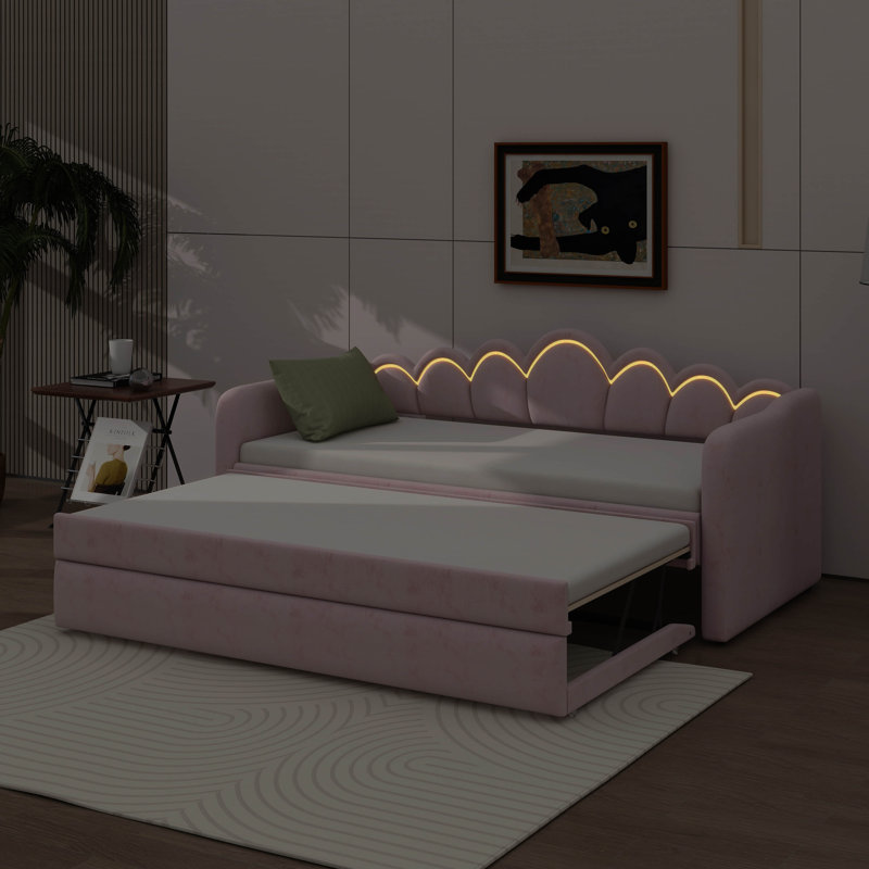 Twin XL Size Upholstered Daybed With Pull-Out Bed And Adjustable LED Light, Pull-Out Bed With Flexible Settings, Pink