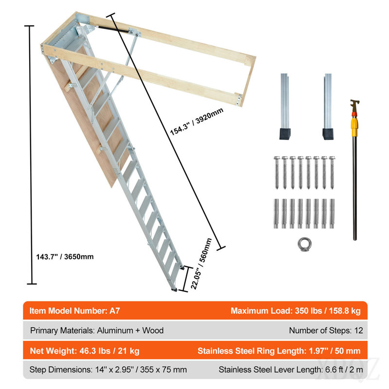 Échelle pliable, capacité de 159 kg, 57 x 160 cm, rallonge multifonctionnelle en aluminium, légère et portable, convient aux plafonds de 2,9 à 3,7 m de hauteur, accès facile à votre grenier (norme standard).