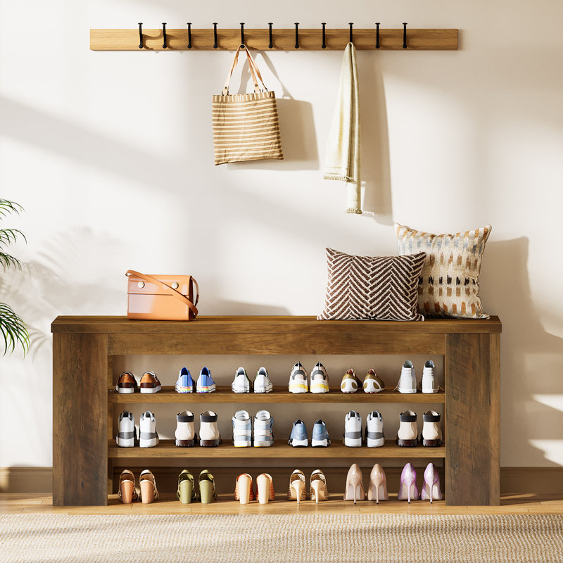 Banc à chaussures à 3 niveaux en bois brun rustique 47 po avec rangement ouvert, banc d'entrée pour couloir, salon ou chambre à coucher
