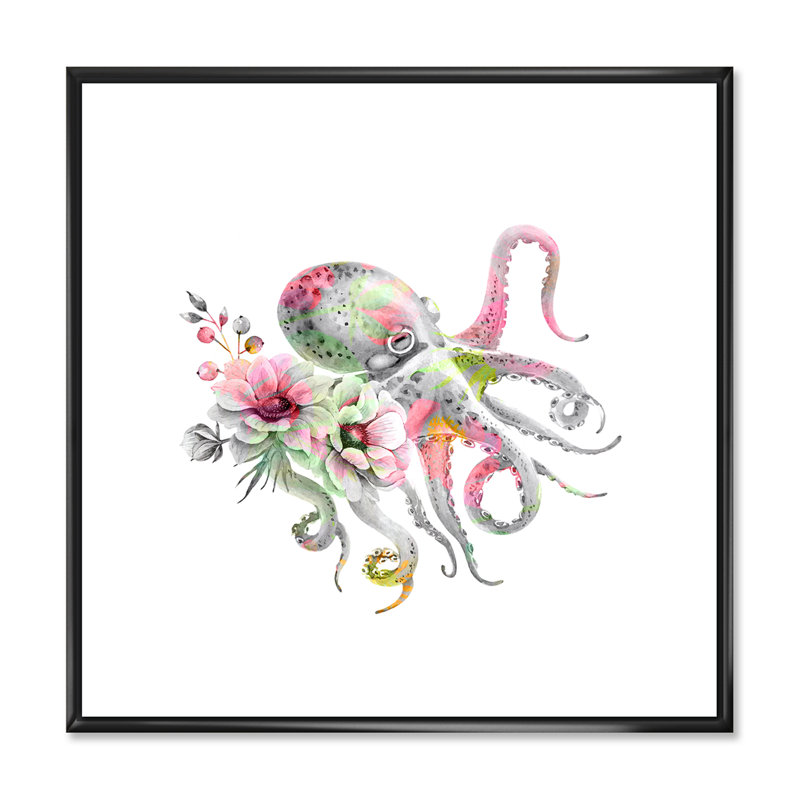 Pieuvre avec un bouquet de fleurs délicates - impression sur toile nautique et côtière, H 36 po x l 36 po x P 1 po
