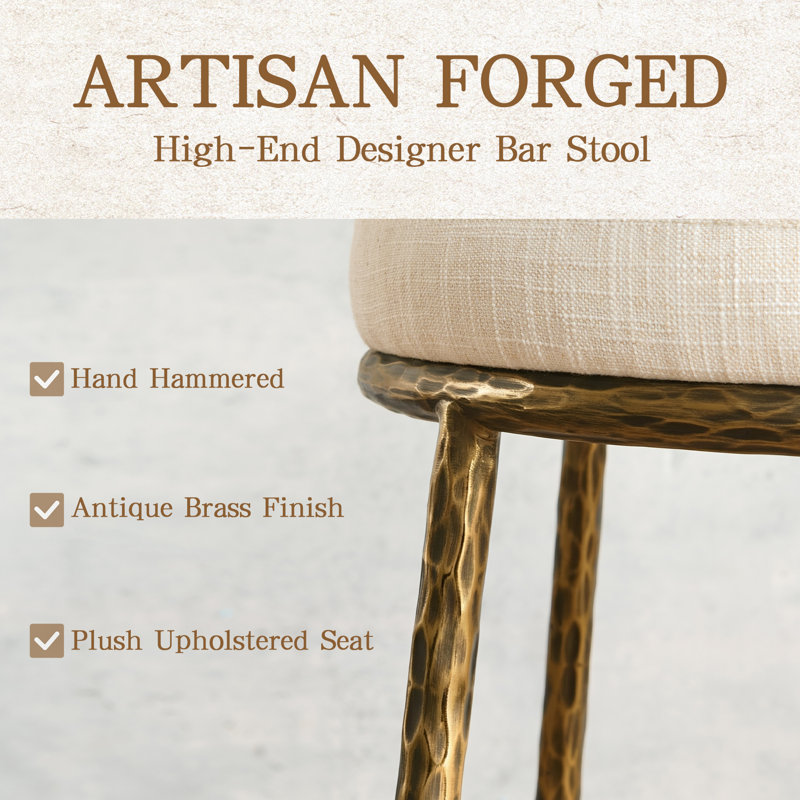 26.5" Upholstered Counter Stool With Hammered Metal Legs & Curved Low Back For Kitchen Island, Matte Gold Hammered