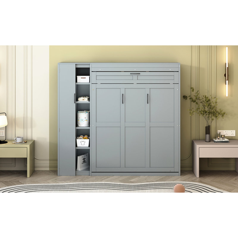 Lit avec tablettes, garde-robe, lumières à DEL - gris pour une utilisation efficace de l'espace, Gris, Lit double