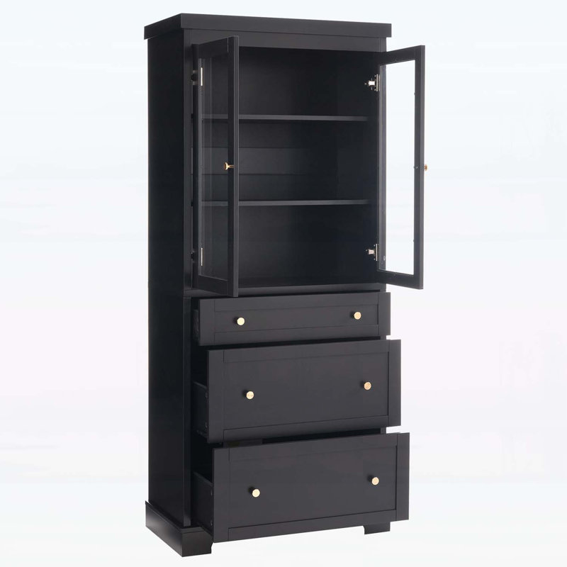 Grande armoire de salle de bain moderne avec 2 tablettes réglables, 3 tiroirs, portes en verre à fermeture en douceur