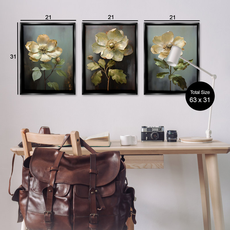  «Détaillé Magnolia Flowers», ensemble de 3 toiles flottantes encadrées par Petal Prints Design, H 31 po x l 21 po