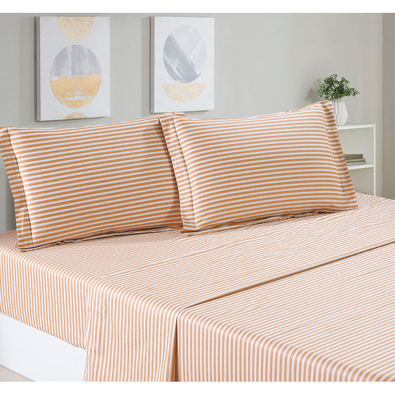 100% Cotton Twill Sheet Set, Queen Sheet Set + Fitted Sheet + 2 Pillowcases, Orange Stripped