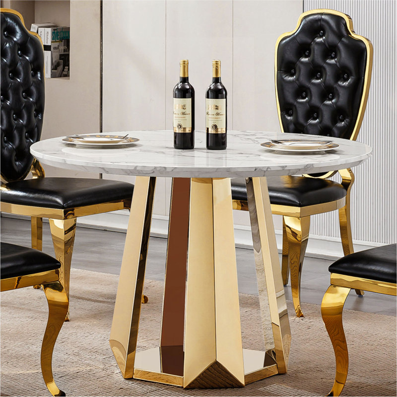 Table de salle à manger ronde en marbre de 47 po, table de cuisine moderne avec plateau en faux marbre ultrabrillant et base en acier inoxydable pour la salle à manger, cuisine (table seulement)