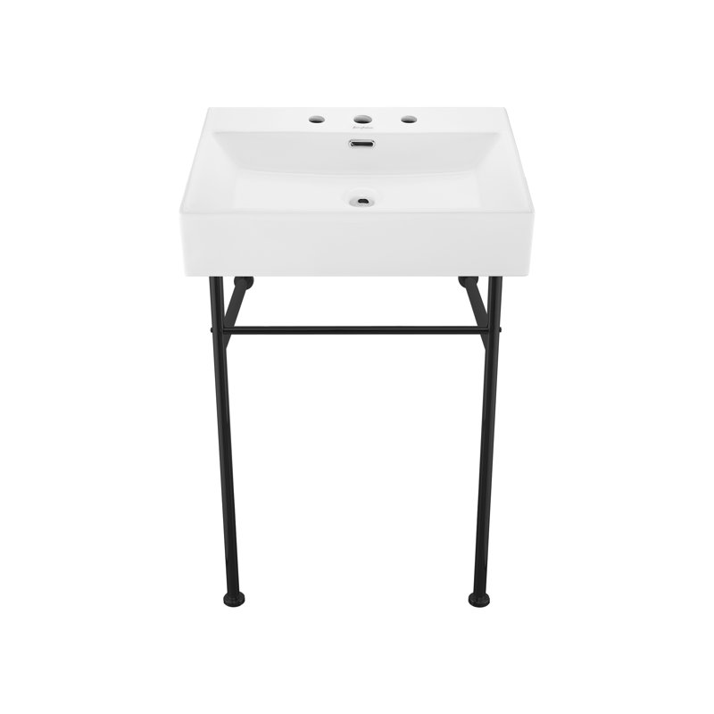 Claire 24" Console Sink White Basin Black Legs with 8" Widespread Holes, White/Matte Black